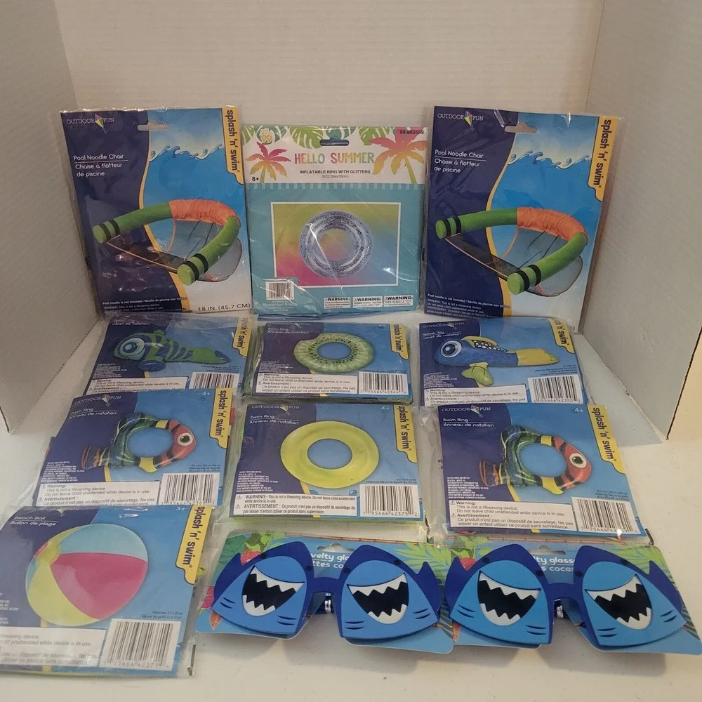 Spring Summer Pool Bundle - Swim Rings, Inflatable Fish, Chair, Ball, Sunglasses